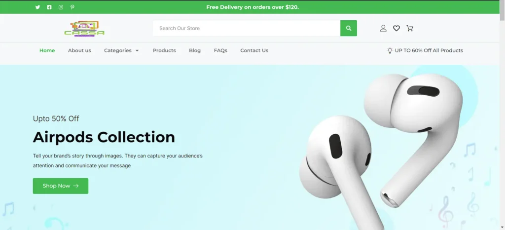 Banner section of website left part having texts and rights side having an ear buds image